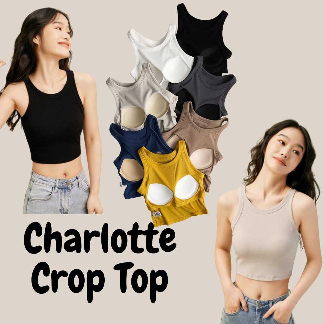 Charlotte Crop Top เสื้อกล้ามสั้น คอกลม มีซัพฟองน้ำ 2in1 มีบราในตัว