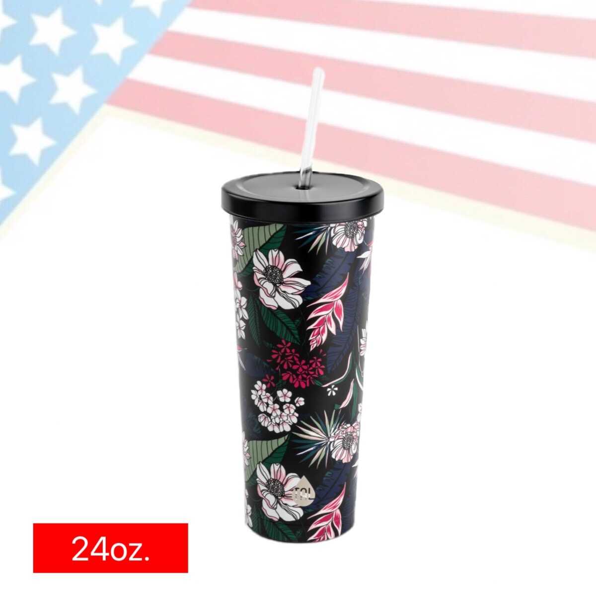 TAL Stainless Steel Coolie Tumbler 24oz Black Flower