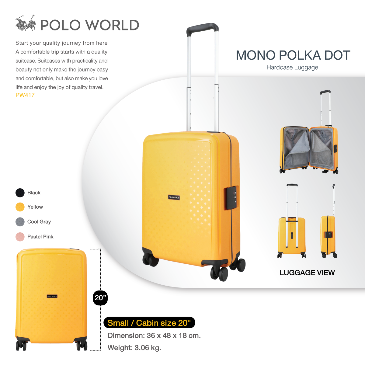 POLO WORLD PW417 Mono Polka Dot Hardcase Luggage 20inch กระเป๋าเดินทาง โปโลเวิล์ด