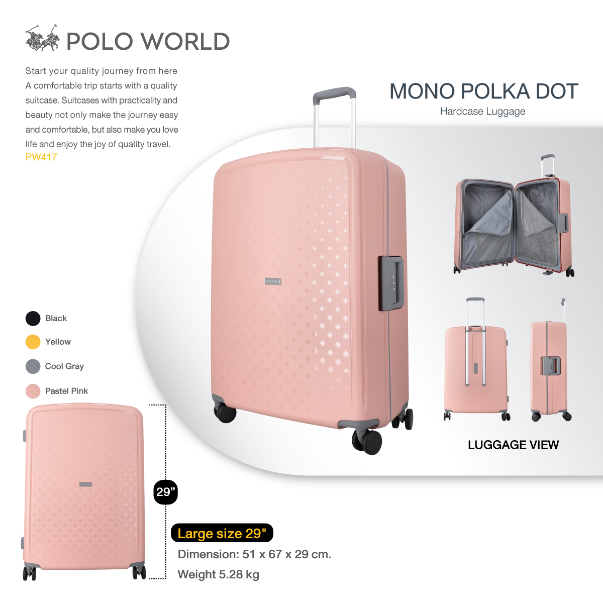 POLO WORLD PW417 Mono Polka Dot Hardcase Luggage 29inch กระเป๋าเดินทาง โปโลเวิล์ด