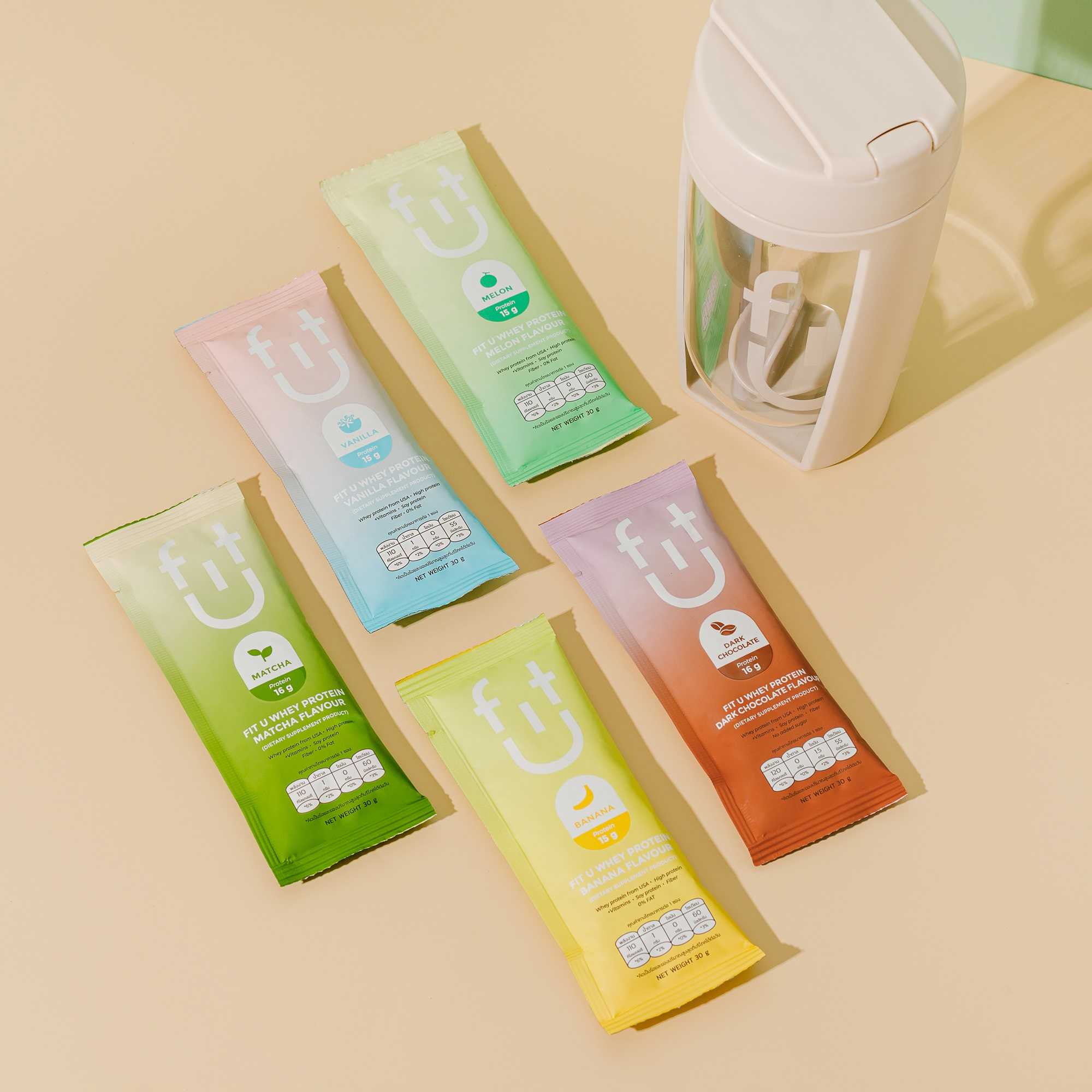 FIT U เวย์โปรตีน คุมน้ำหนัก TRIAL SET รวม 5 รสชาติ ดาร์กช็อกโกแลต/ เมลอน/ มัทฉะ/ วานิลลา/ กล้วย