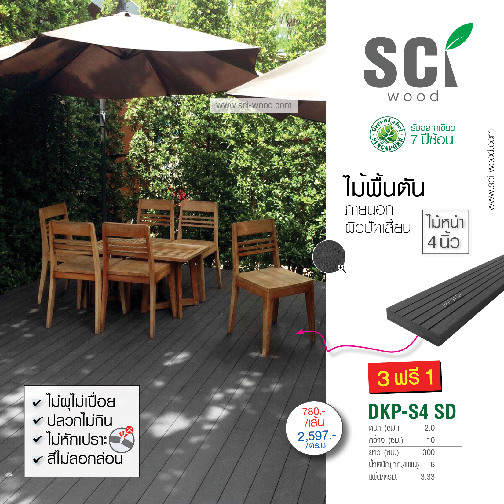 DKP-S4 S D-300 ไม้พื้น ตัน เทาเข้ม /20x100 mm/3M. (แชทเช็คจำนวนสินค้ากับเจ้าหน้าที่)