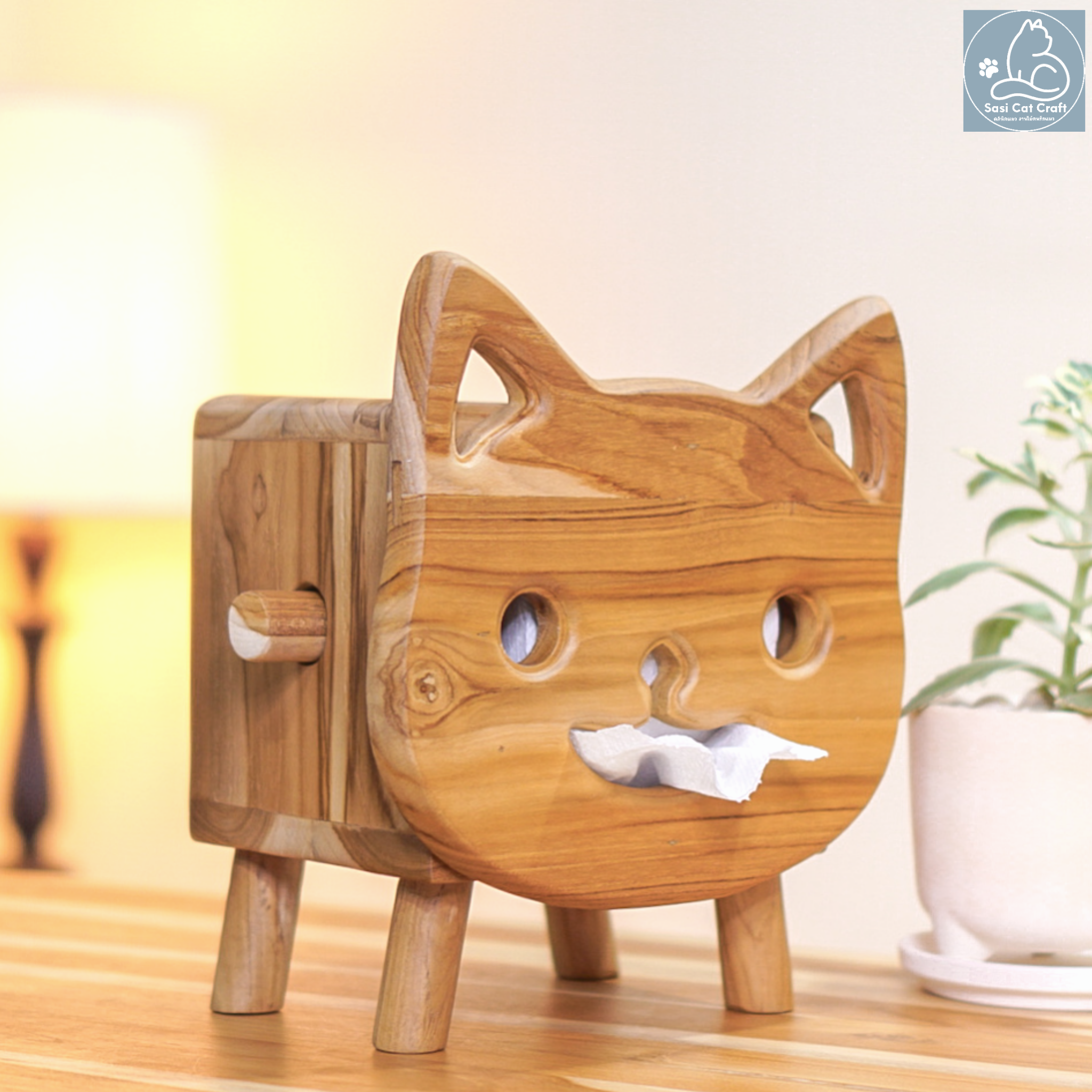 กล่องใส่ทิชชู่รูปแมว สำหรับทิชชู่ม้วน Wooden Cat Tissue Box Size M