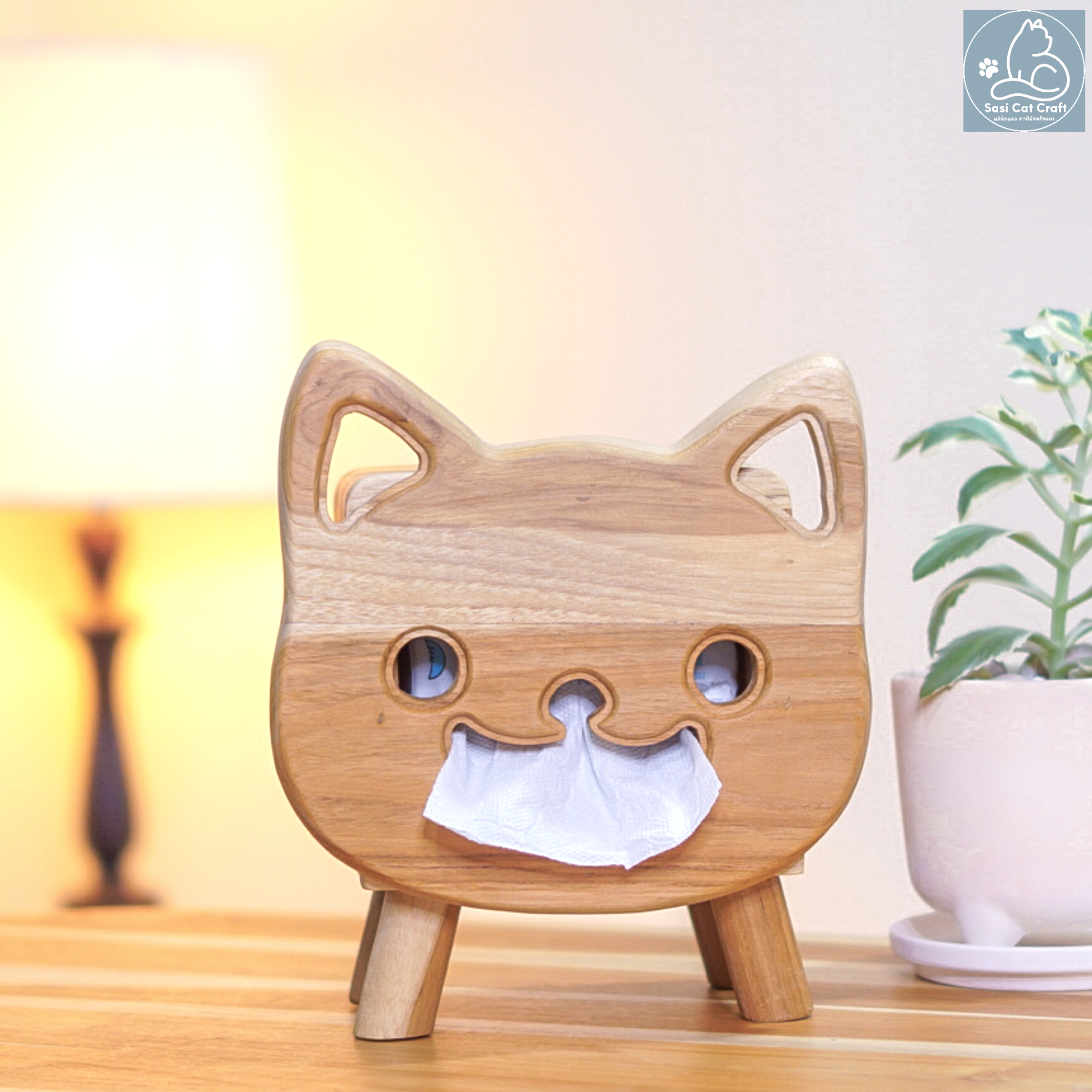 กล่องทิชชู่ไม้รูปแมว ใส่ทิชชู่แผ่น Cat Tissue Box Sizs S