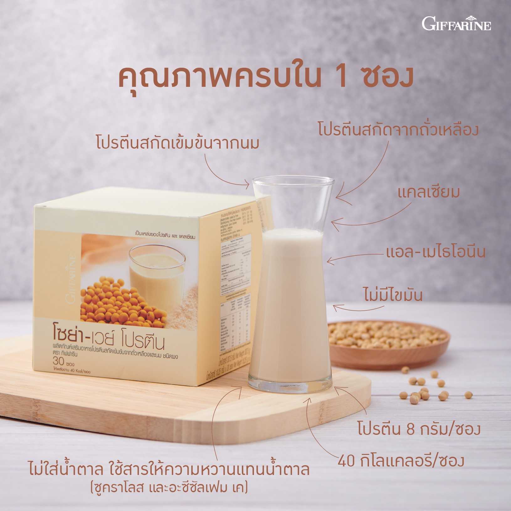 กิฟฟารีน โซย่า-เวย์ โปรตีน โปรตีนสกัดเข้มข้นจากถั่วเหลืองและนม ผสมแคลเซียม กินไม่อ้วน