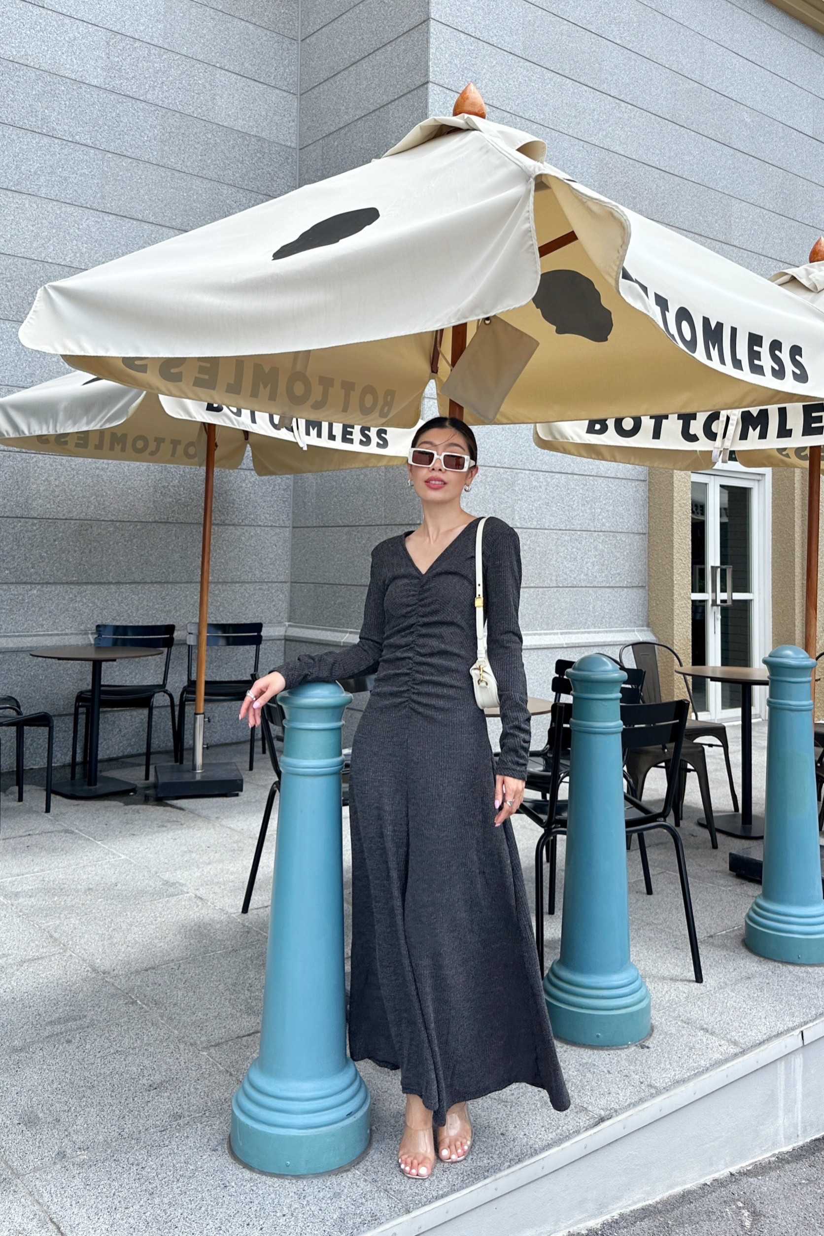 #7789 Longsleeves VNeck Maxi Dress with Shoulder Pads