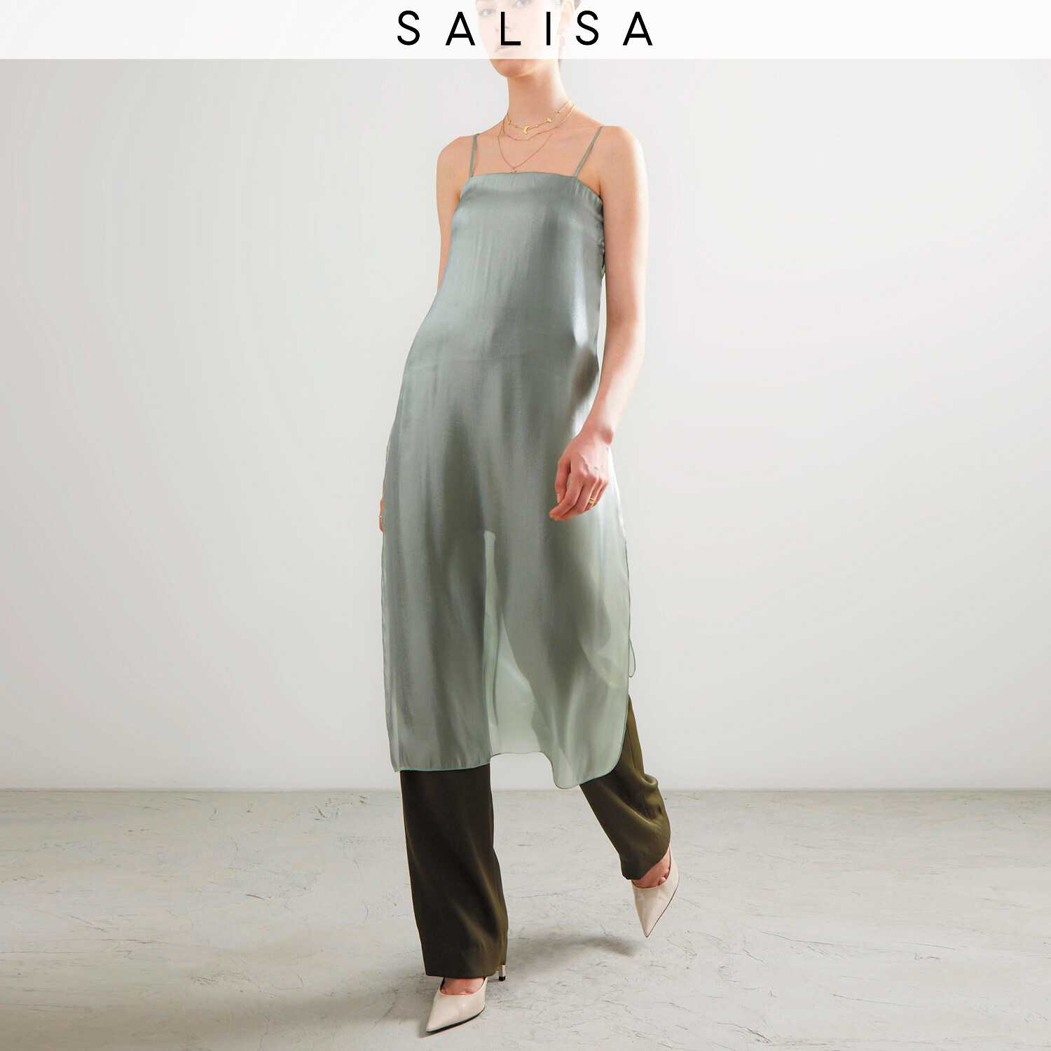 JUMPSUIT PF23 Long with See Through Shiny Overlay Teal Dark Green
