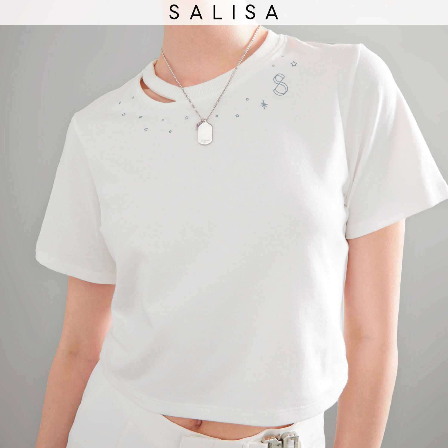 T-SHIRT Soft Modal PF23 Stars Cropped With Neck Slit White