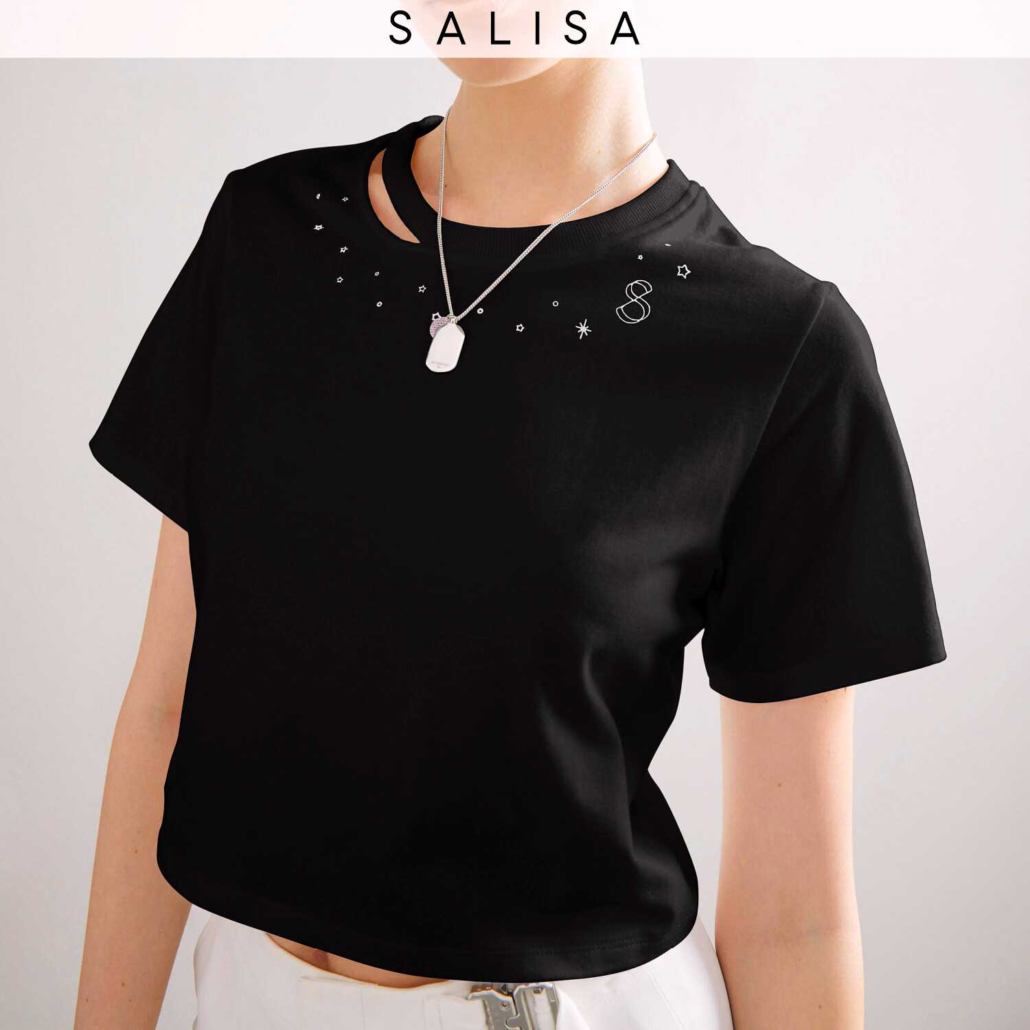 T-SHIRT Soft Modal PF23 Stars Cropped With Neck Slit Black