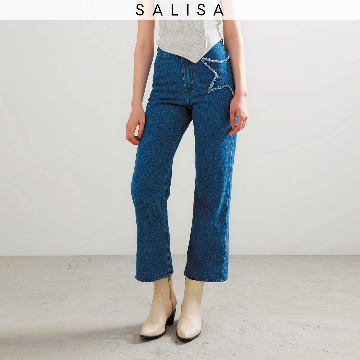 JEANS PF23 Flare Crop Star Pocket Mid Blue