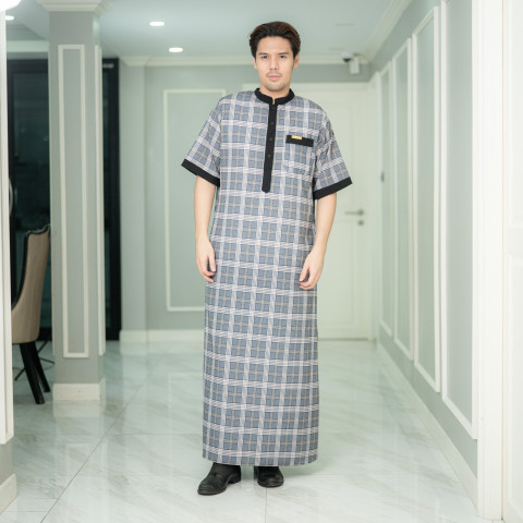 โต๊ปชายแขนสั้น ลายตาราง ผ้าเบาใส่สบายไม่ร้อน  เหมาะกับมุสลิมชายใส่ออกงานใส่ละหมาด AE28