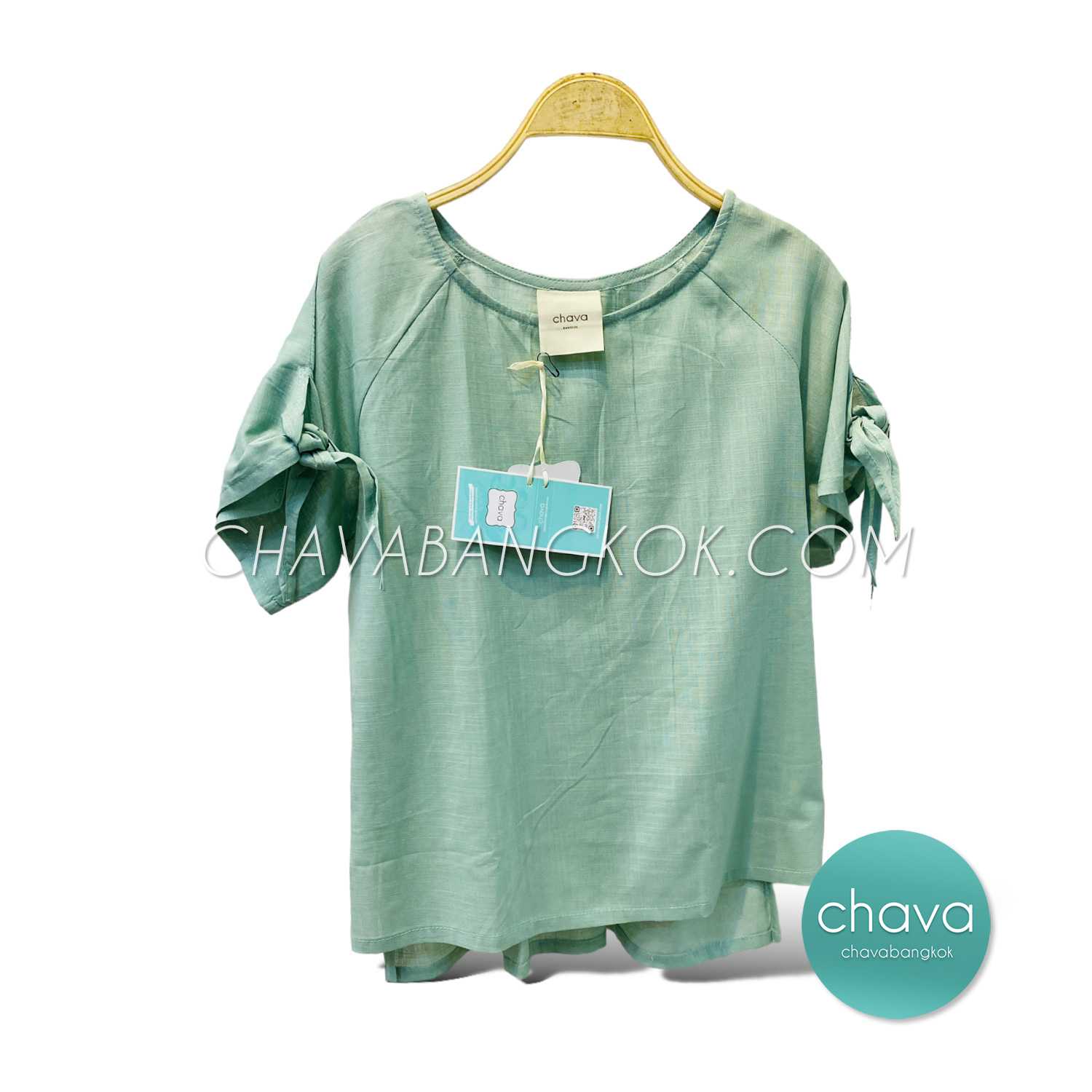 เสื้อ Top / BLOUSE (สีเขียว) แขนโบว์ 2 ข้าง หลังจีบ
