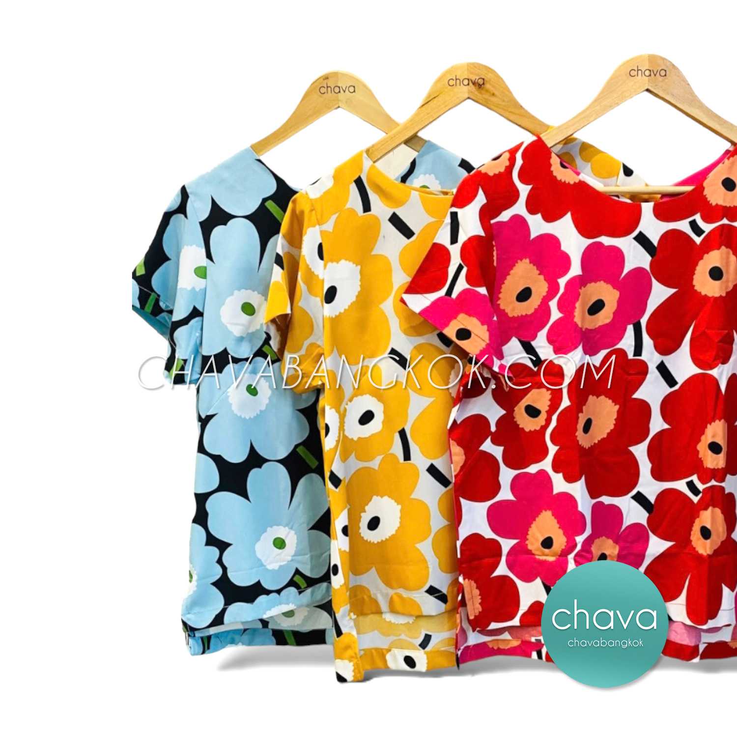 เสื้อ Top / BLOUSE (สีฟ้า) ลายดอกไม้ 3 สี