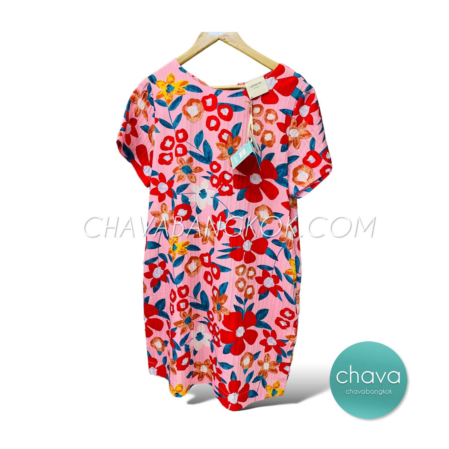 เสื้อ Mini Dress / ชุดเดรสสั้น (สีพื้นชมพู-ลายดอกไม้)