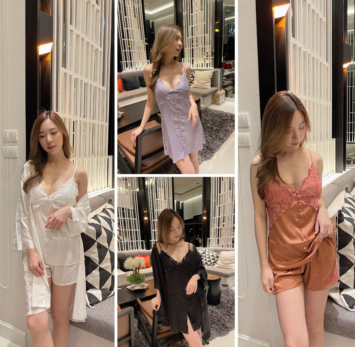 ชุดนอนสายเดี่ยวซาตินแต่งลูกไม้ กระดุม