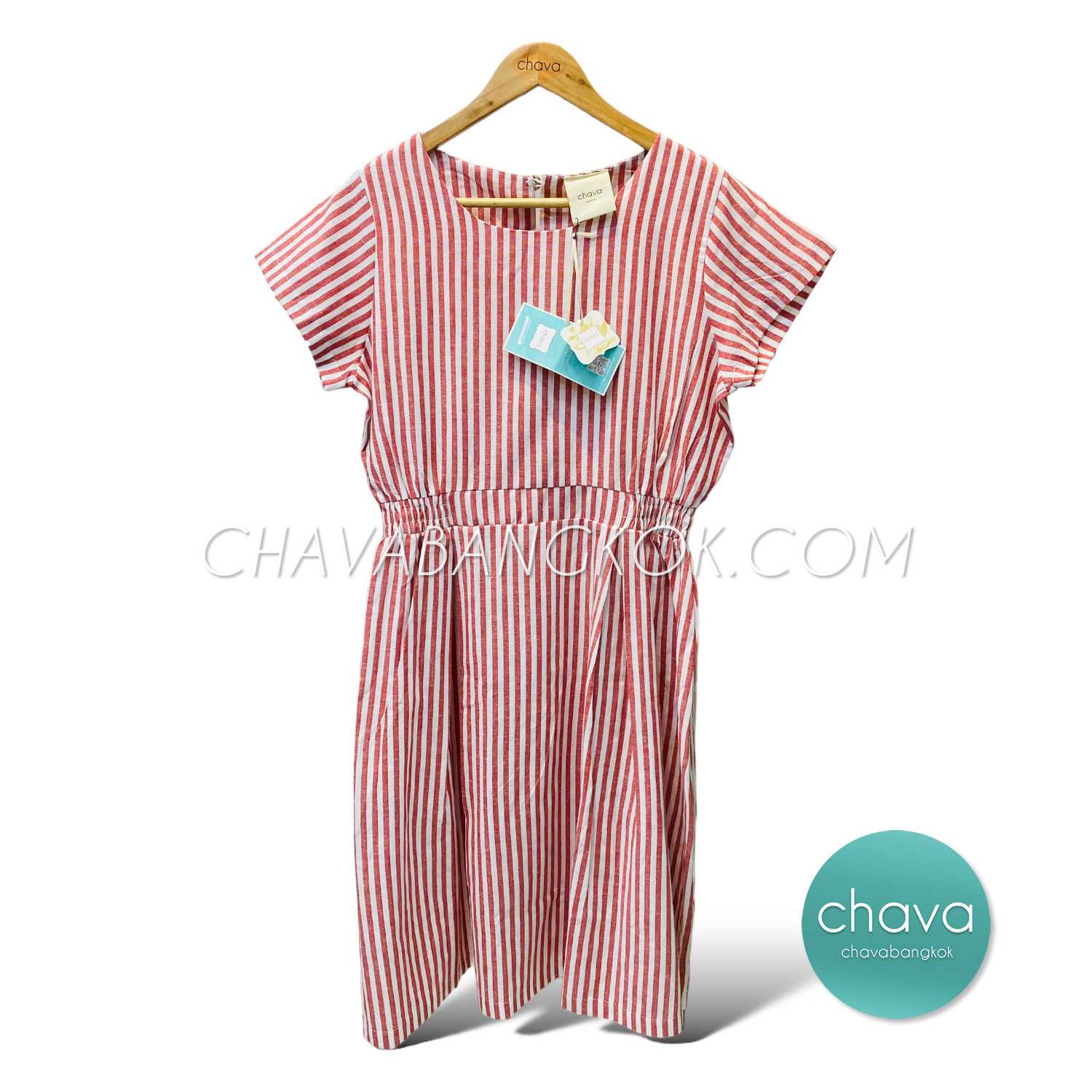 เสื้อ Mini Dress / ชุดเดรสสั้น ลายทาง (สีแดง)
