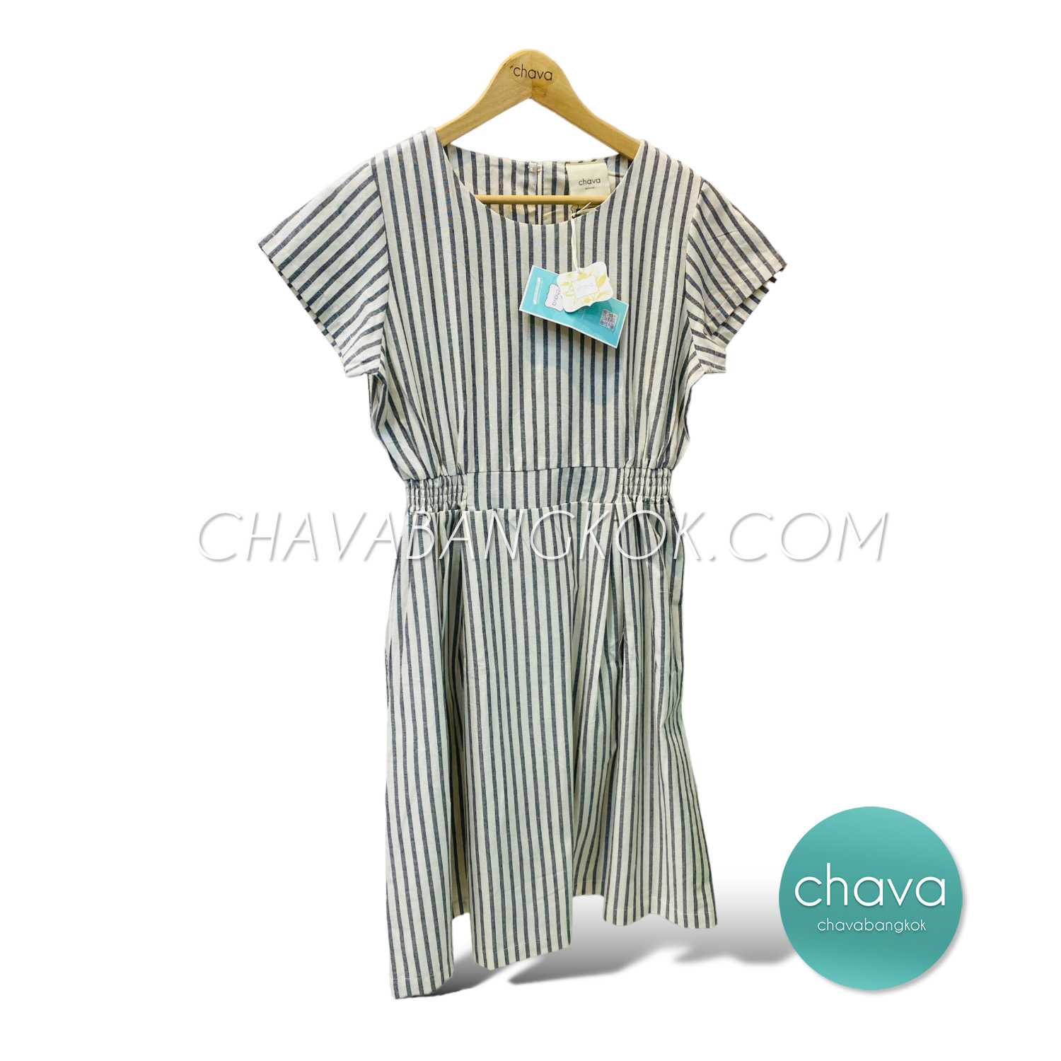 เสื้อ Mini Dress / ชุดเดรสสั้น ลายทาง (สีเทาอ่อน)