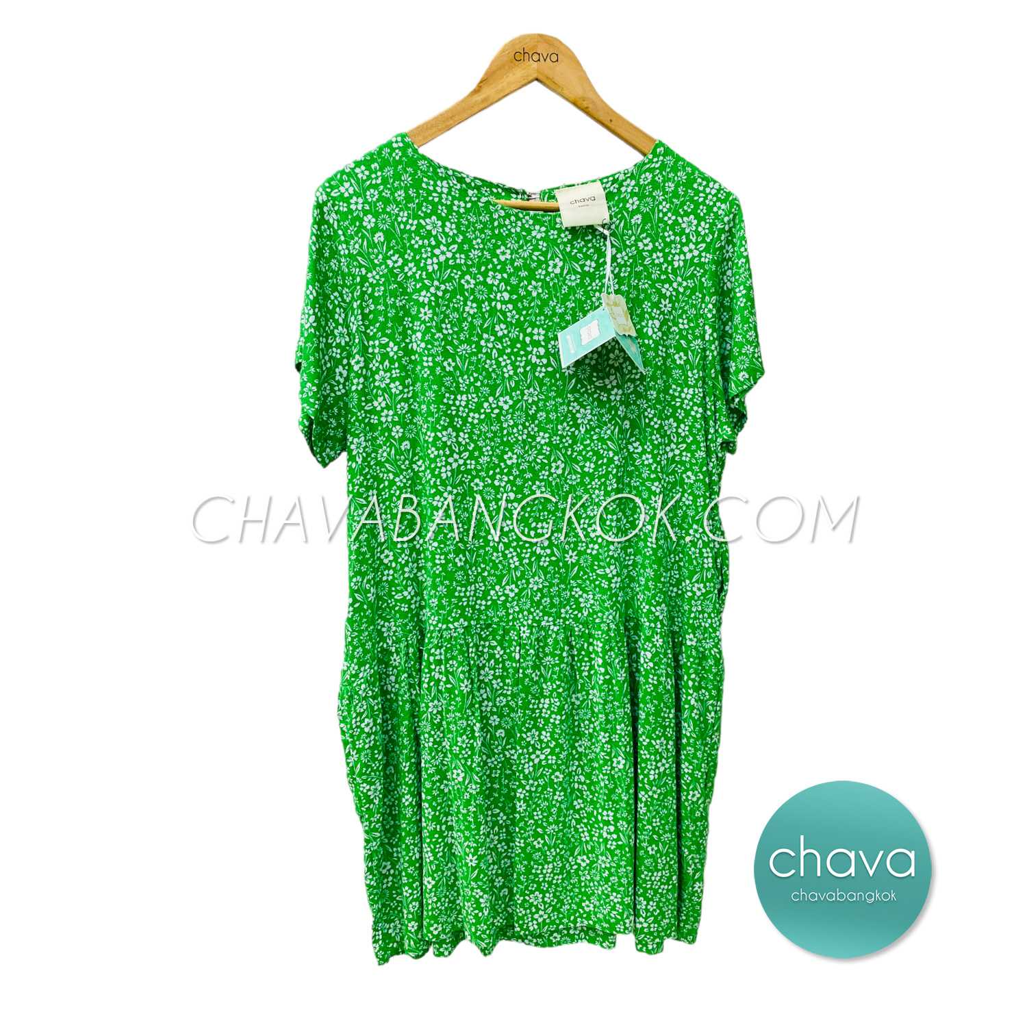 เสื้อ Mini Dress / ชุดเดรสสั้น ลายดอกไม้เล็ก (สีเขียว)