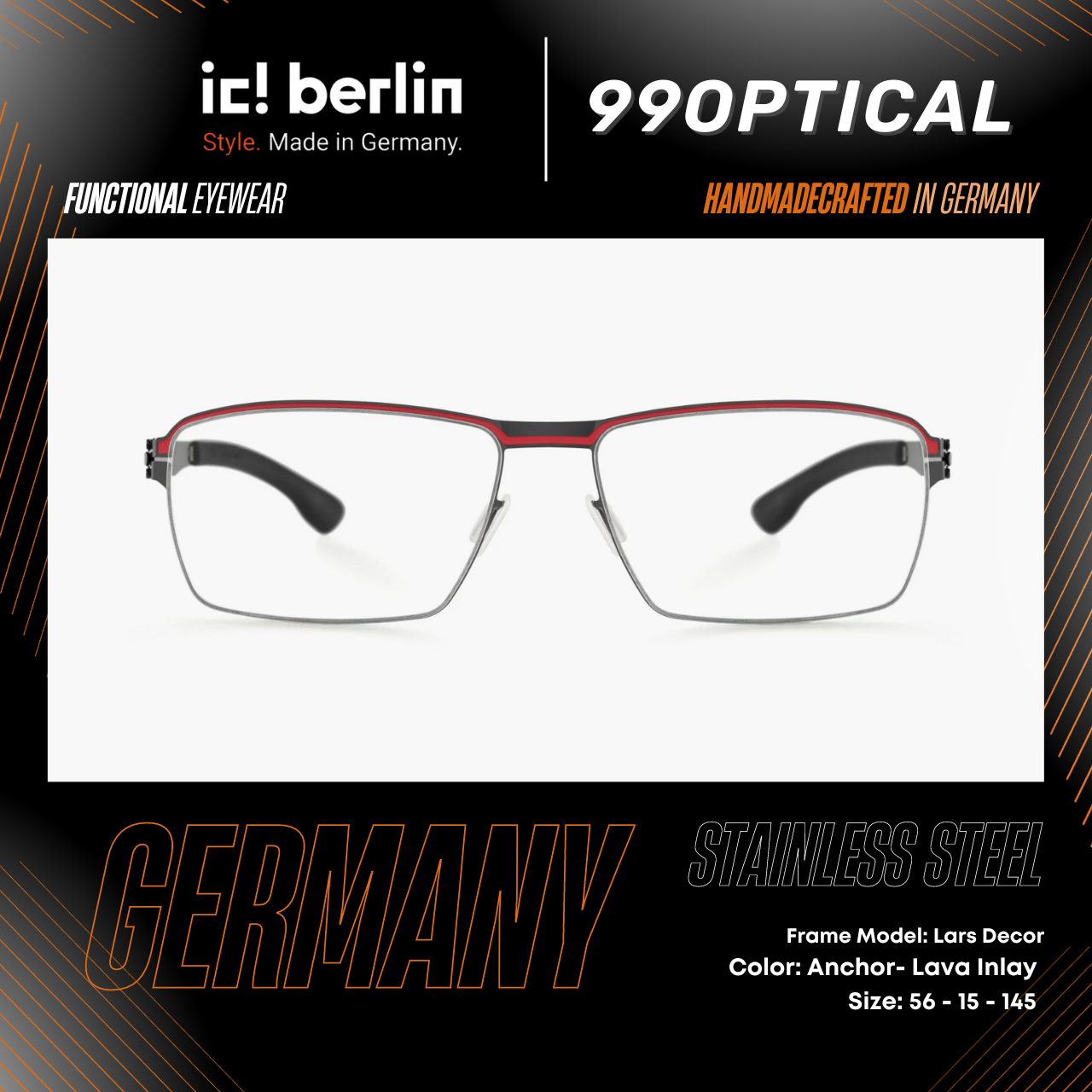 กรอบแว่นตา ic! berlin รุ่น Lars Decor สี Anchor-Lava Inlay ทรง น้ำหนักเบา Made in Germany