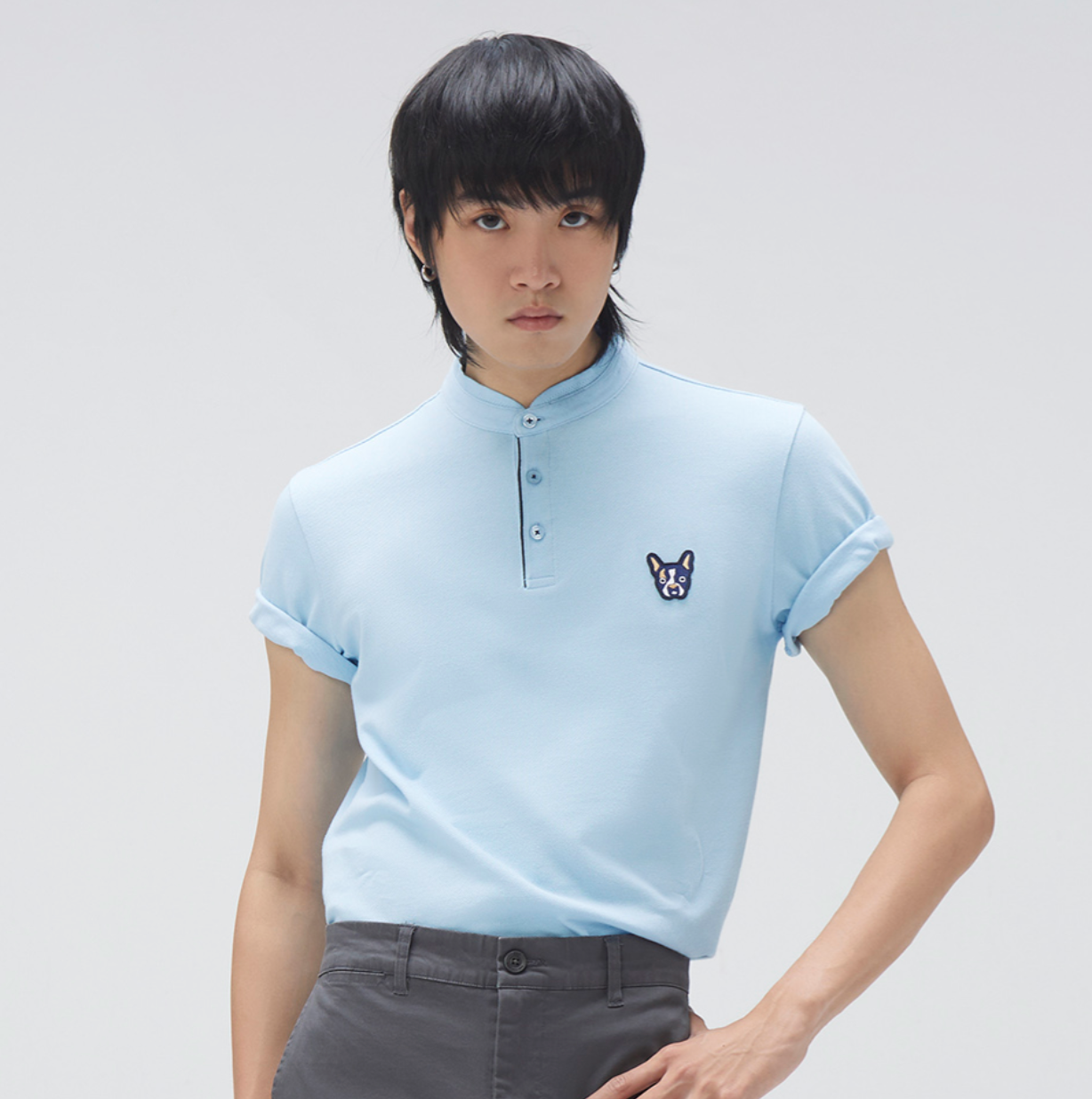 เสื้อโปโลคอจีนลายเฟรนช์ชี่ สีฟ้า | 03766