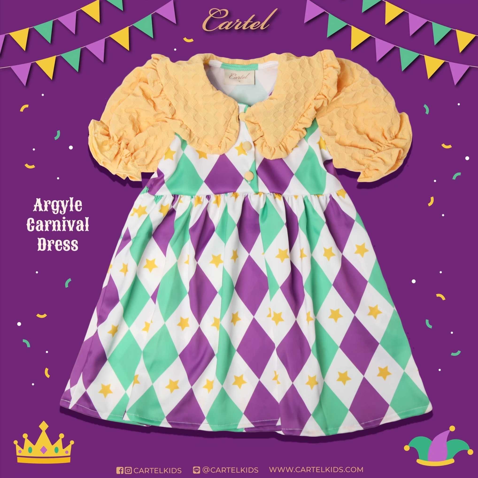 (CC) Argyle Carnival Dress เดรสเด็กคอกลมแขนตุ๊กตาสีม่วง-เหลือง Cartelkids