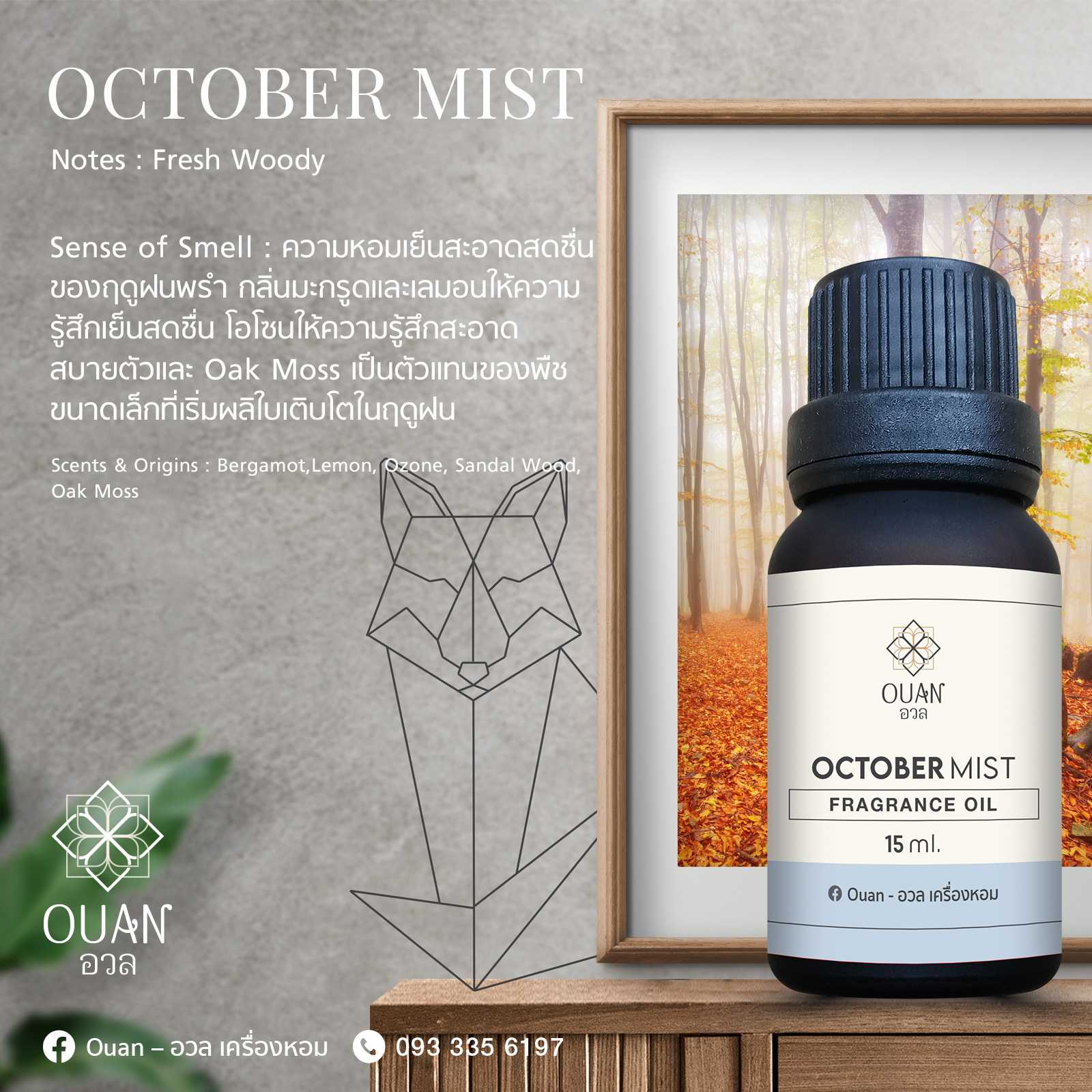 Fragrance Oil กลิ่น October Mist เย็น สดชื่น สงบ | อวล | น้ำมันหอมแบบหยด ขนาด 15 ml.