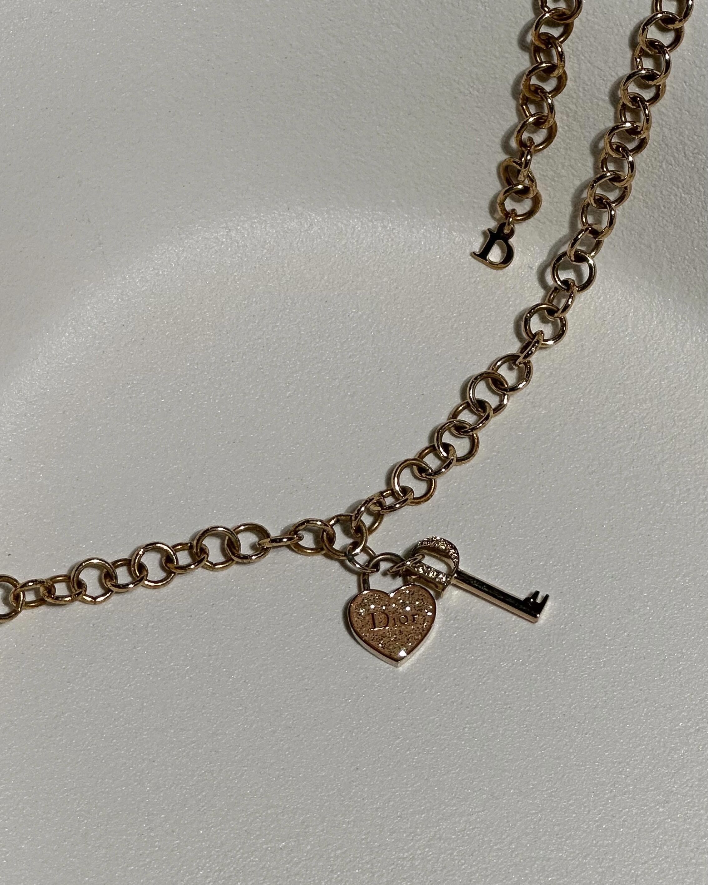 CHRISTIAN DIOR heart lock necklace in gold pink sparkle LINE SHOPPING