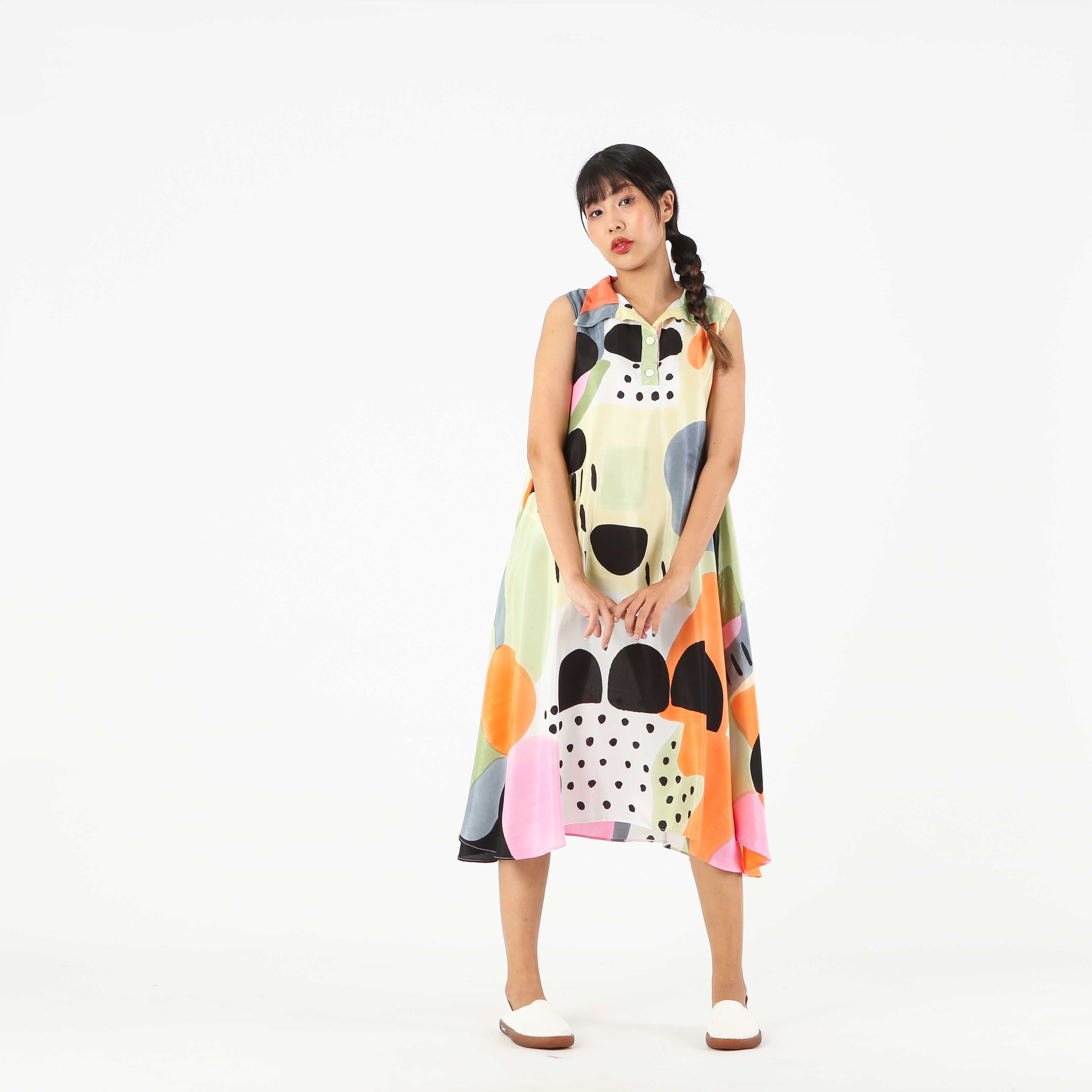 Sac Sleeveless Dress คอปก Cotton Silk Hand paint
