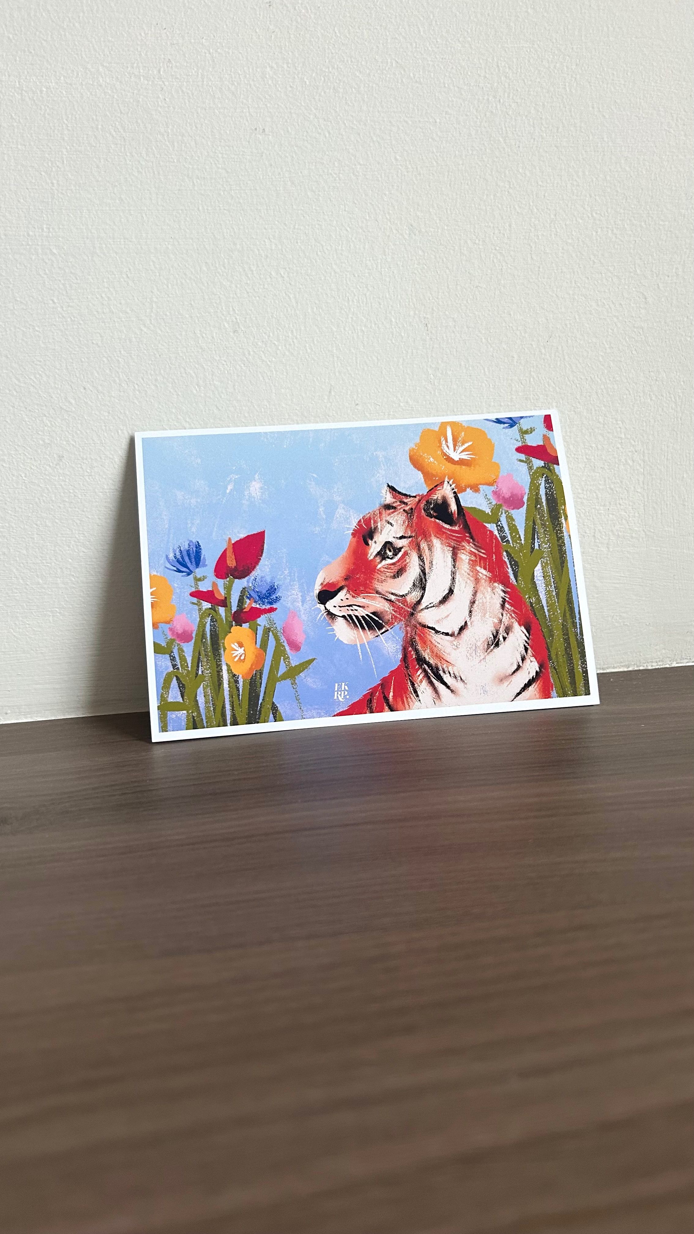 Tiger roams in lush garden - A4 Size~Art print