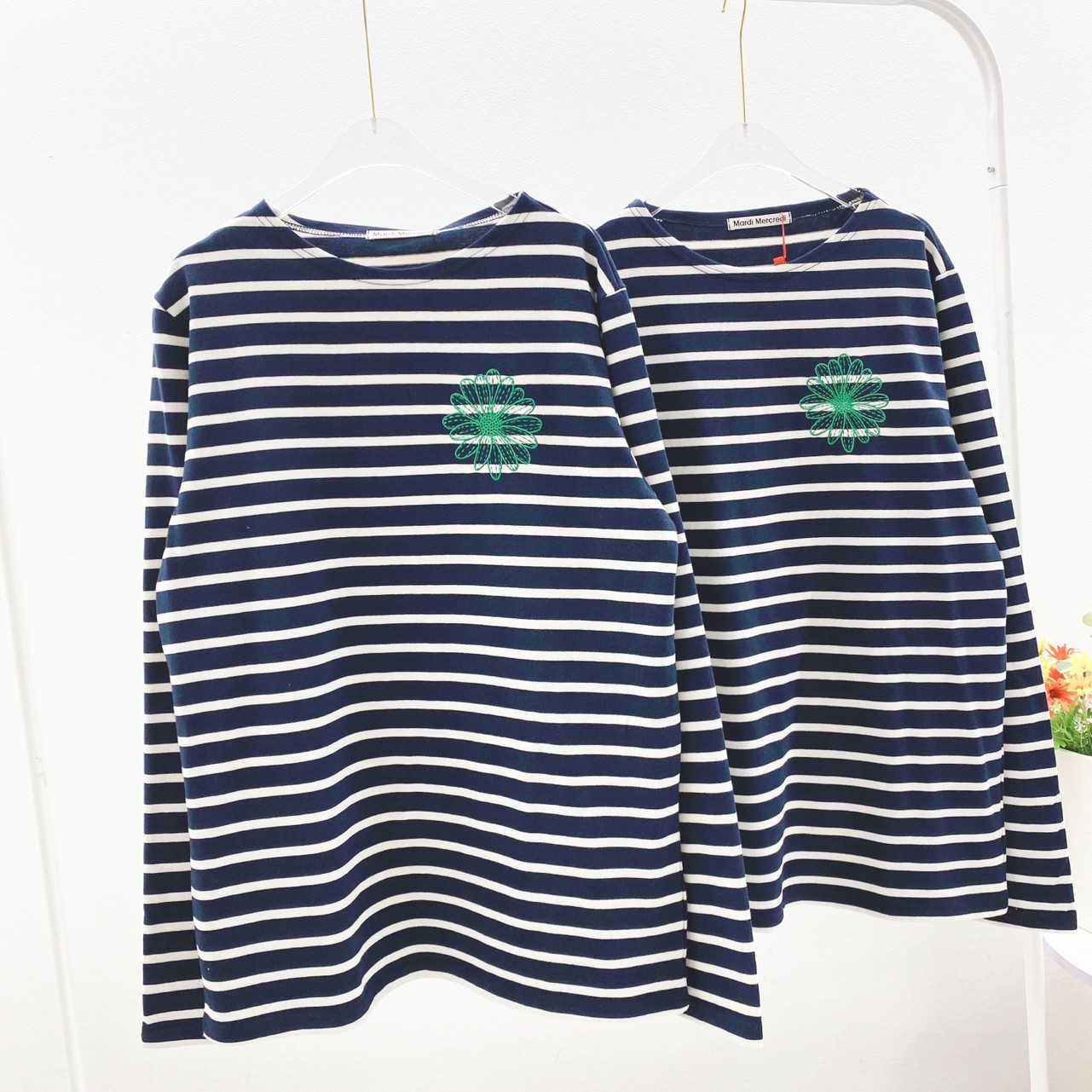 Mardi long Sleeve Stipe T-shirt (Navy/Green)
