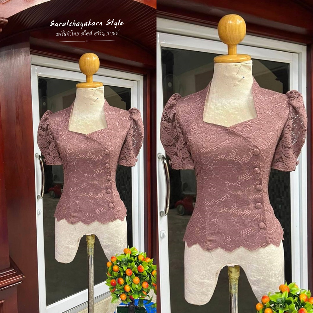 เสื้อลูกไม้อิตาลี่ คอห้าเหลี่ยม แขนสั้น งานป้ายหน้า ใส่ออกงานอีเว้นท์ ทำบุญ ดีเทลสวยมาก