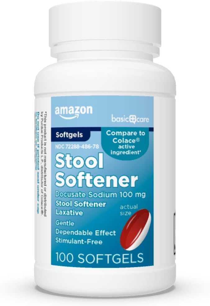 Basic Care ท้องผูก Stool Softener Laxative, Docusate Sodium 100mg, Softgels, Red & White, 100 Count