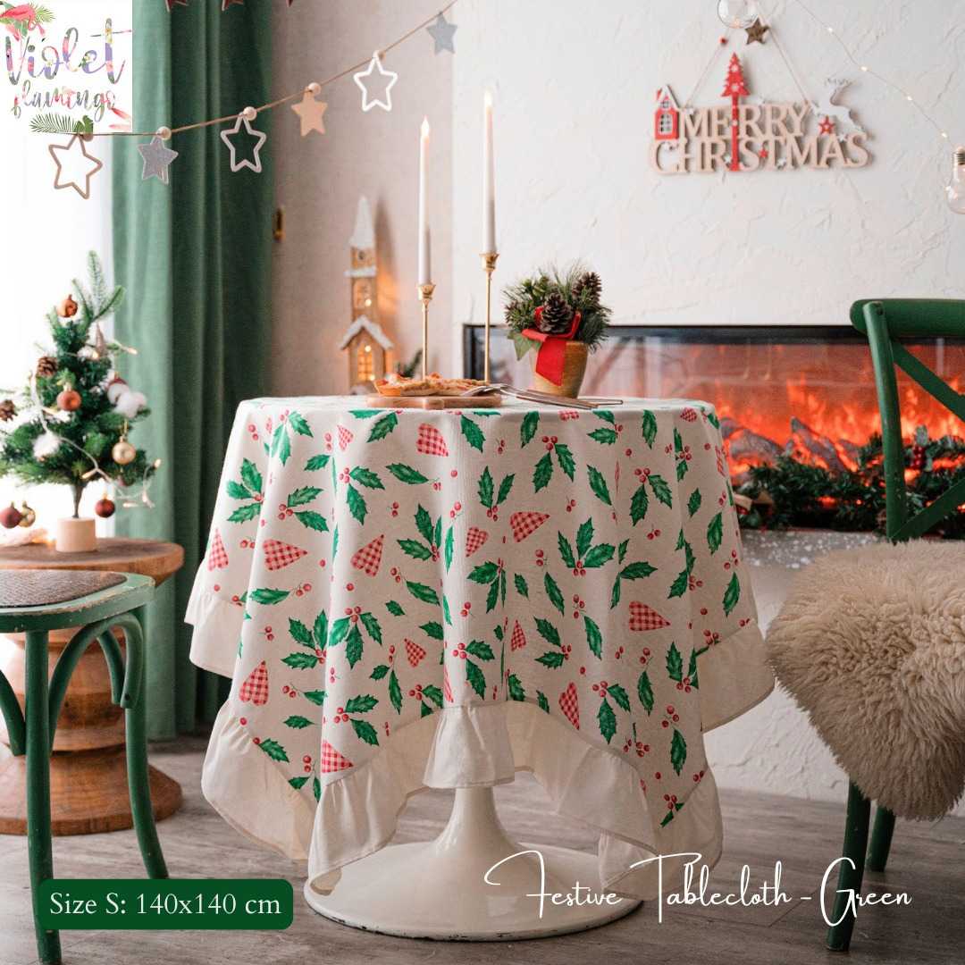 Festive Tablecloth - Green ผ้าปูโต๊ะลายใบไม้ต้นไม้สีแดงเขียว ผ้าคอตตอนลินิน