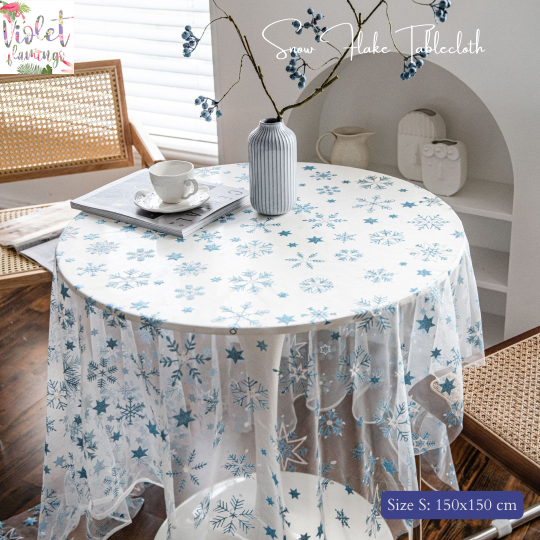 Lace Tablecloth - Snowflake ผ้าปูโต๊ะลายเกล็ดหิมะ ผ้ามุ้งปักลายสีฟ้าสวยงาม