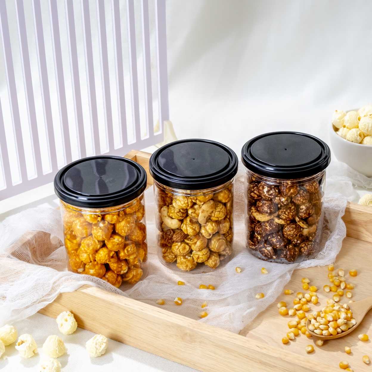 Popcorn [SET-3รส] มี 3 กระปุก 500ml ได้แก่ คาราเมลรวมถั่ว ชอคโกรวมถั่วและเชดด้าชีสล้วน