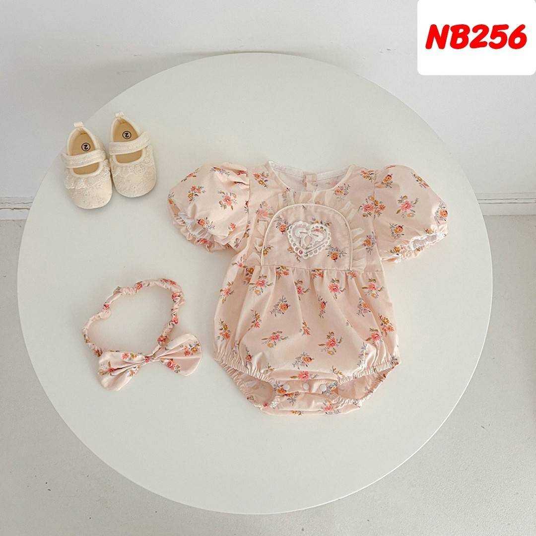 NB256-ชุดเด็กแรกเกิดสีโอรสลายดอก มีที่คาดผม