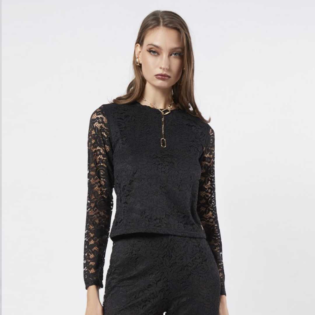 เสื้อนิตแขนยาวผ้าลูกไม้ | Round Neck Stretch Lace Knit Top | 06253