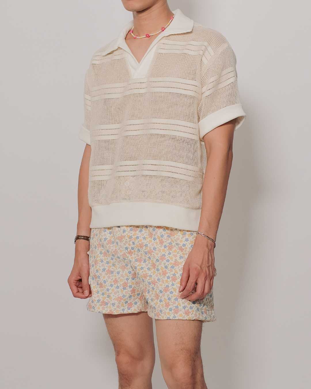 CLUB ✿ 36 Club Striped Net Open Collar Shirt in Beige