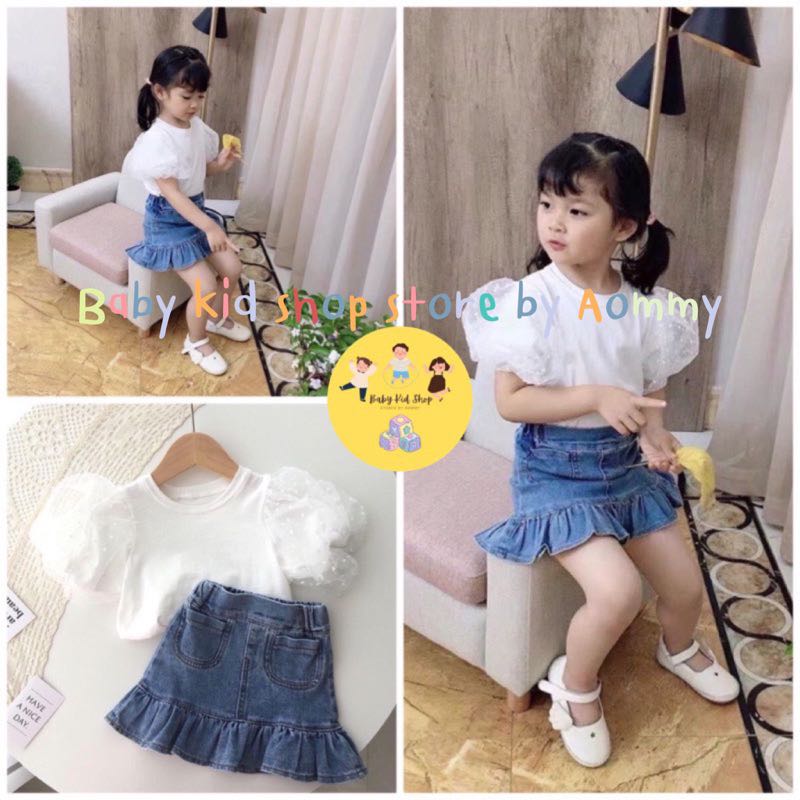 (พร้อมส่ง) ชุดเซตเสื้อยืดแขนพอง กระโปรงยีนส์เด็กผู้หญิง