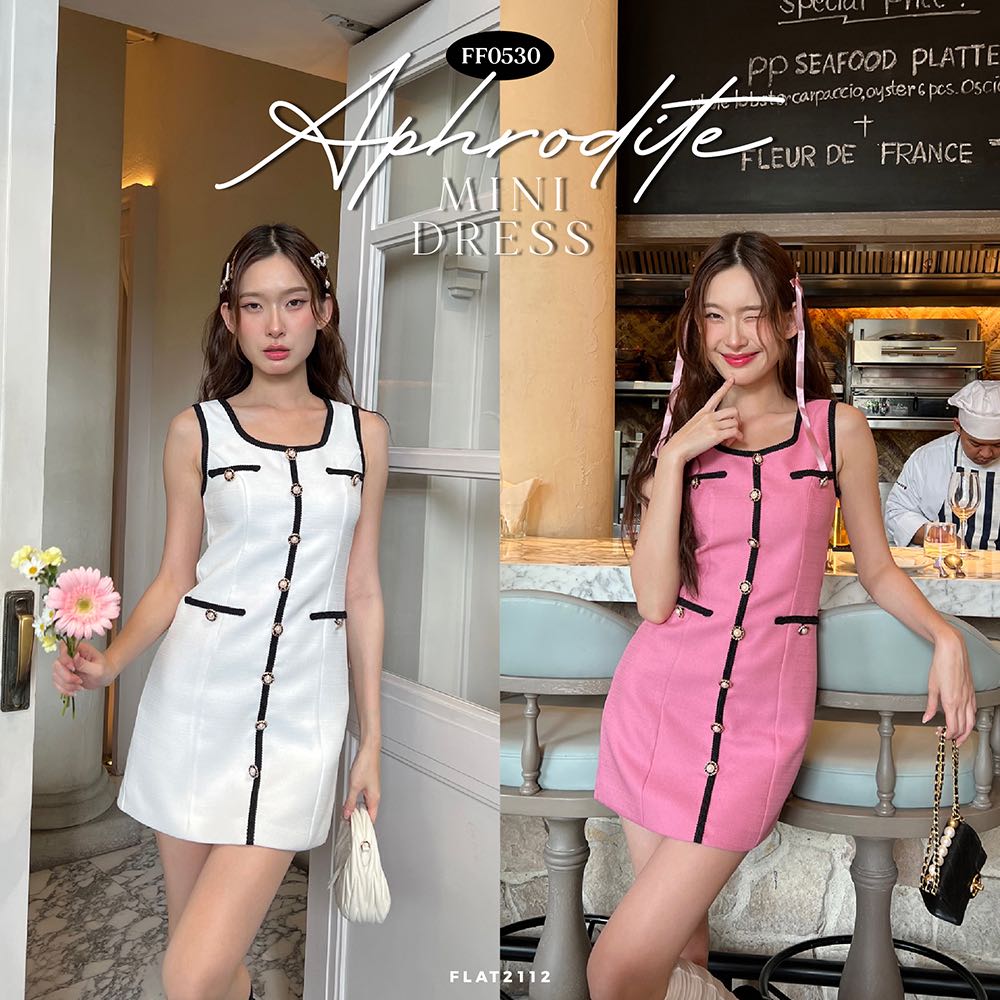 FLAT2112 FF0530 : APHRODITE MINI DRESS มินิเดรสผ้าทวีต เดรสคอกลม เดรสแขนกุด