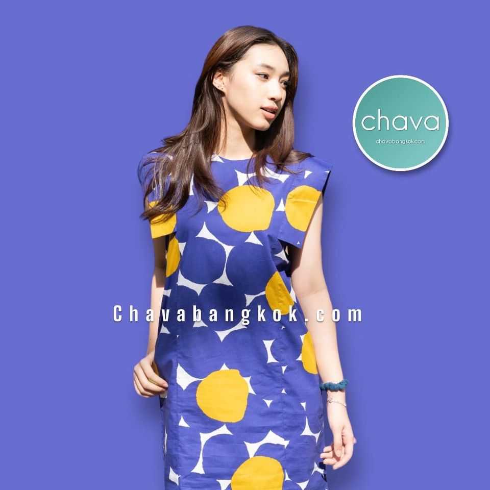 เสื้อ Mini Dress / ชุดเดรสสั้น (สีพื้นน้ำเงิน-ลายจุดเหลือง)