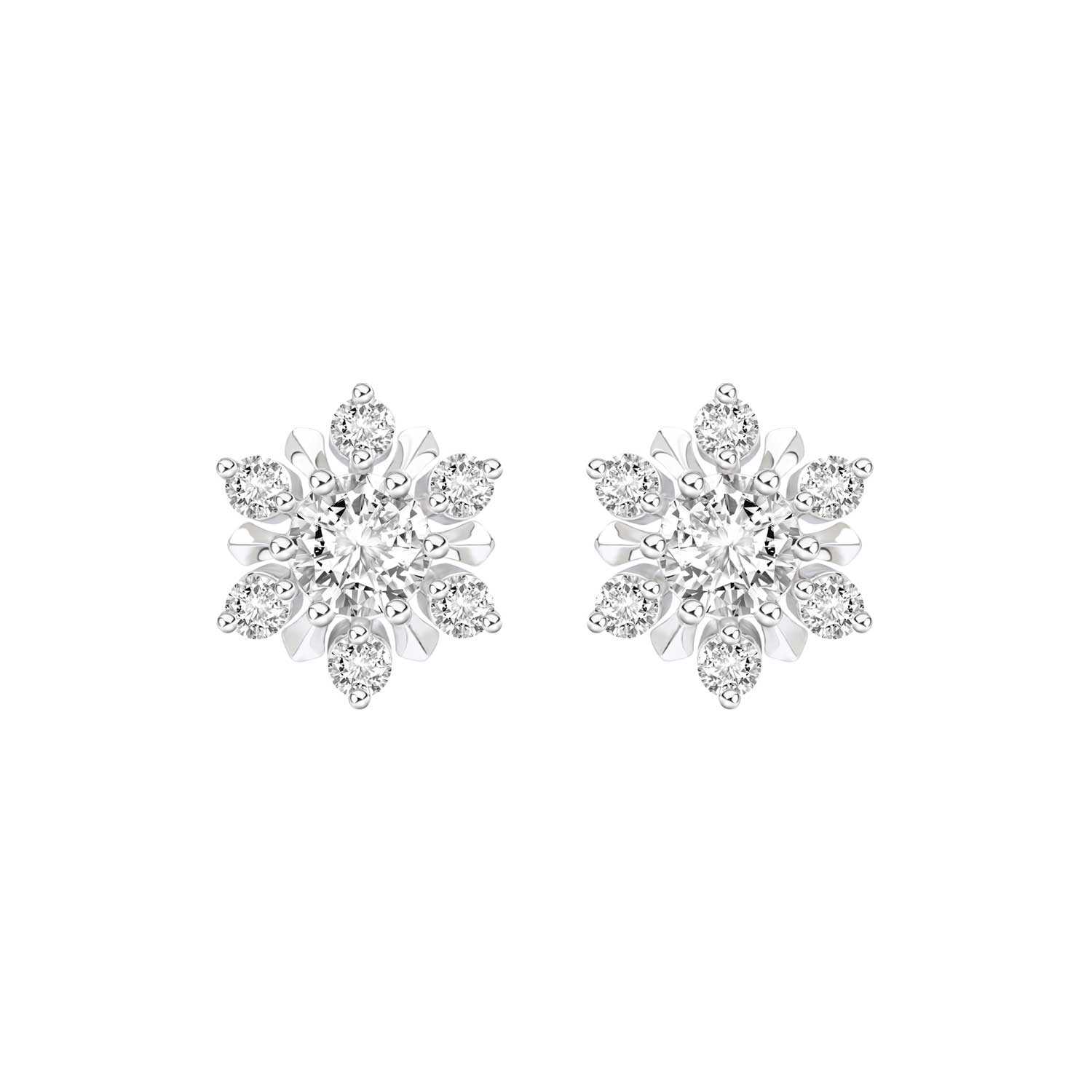 SNOWFLAKES: ต่างหูเงินชุบโรเดียมประดับ CZ ทรงกลม ดีไซน์ผลึกหิมะ ทรงต่างหูสตัด