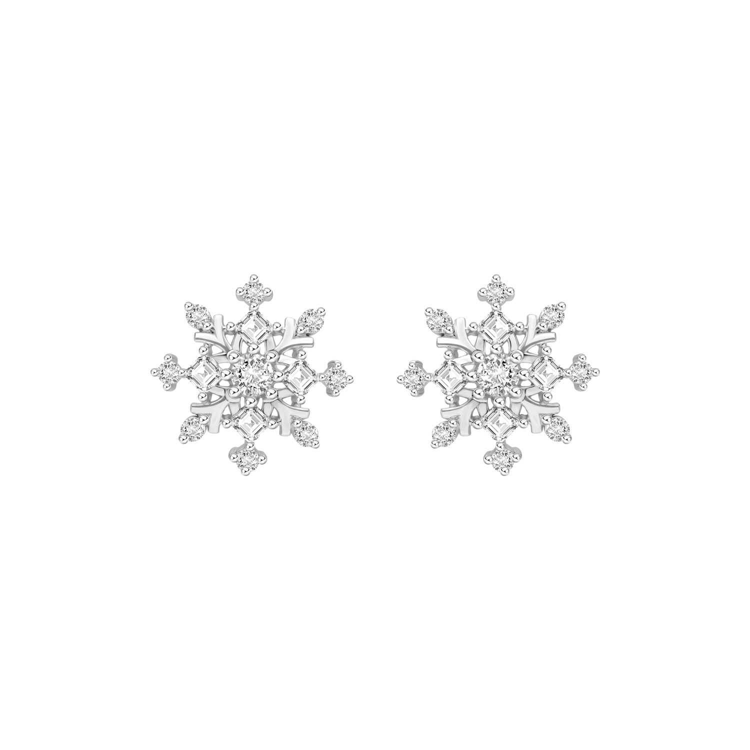 SNOWFLAKES: ต่างหูเงินชุบโรเดียมประดับ CZ ทรงเหลี่ยม ดีไซน์ดาวหิมะ ทรงต่างหูสตัด