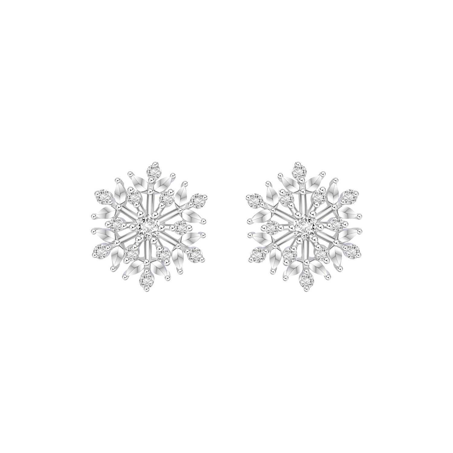 SNOWFLAKES: ต่างหูเงินชุบโรเดียมประดับ CZ ดีไซน์เกล็ดหิมะ ทรงต่างหูสตัด