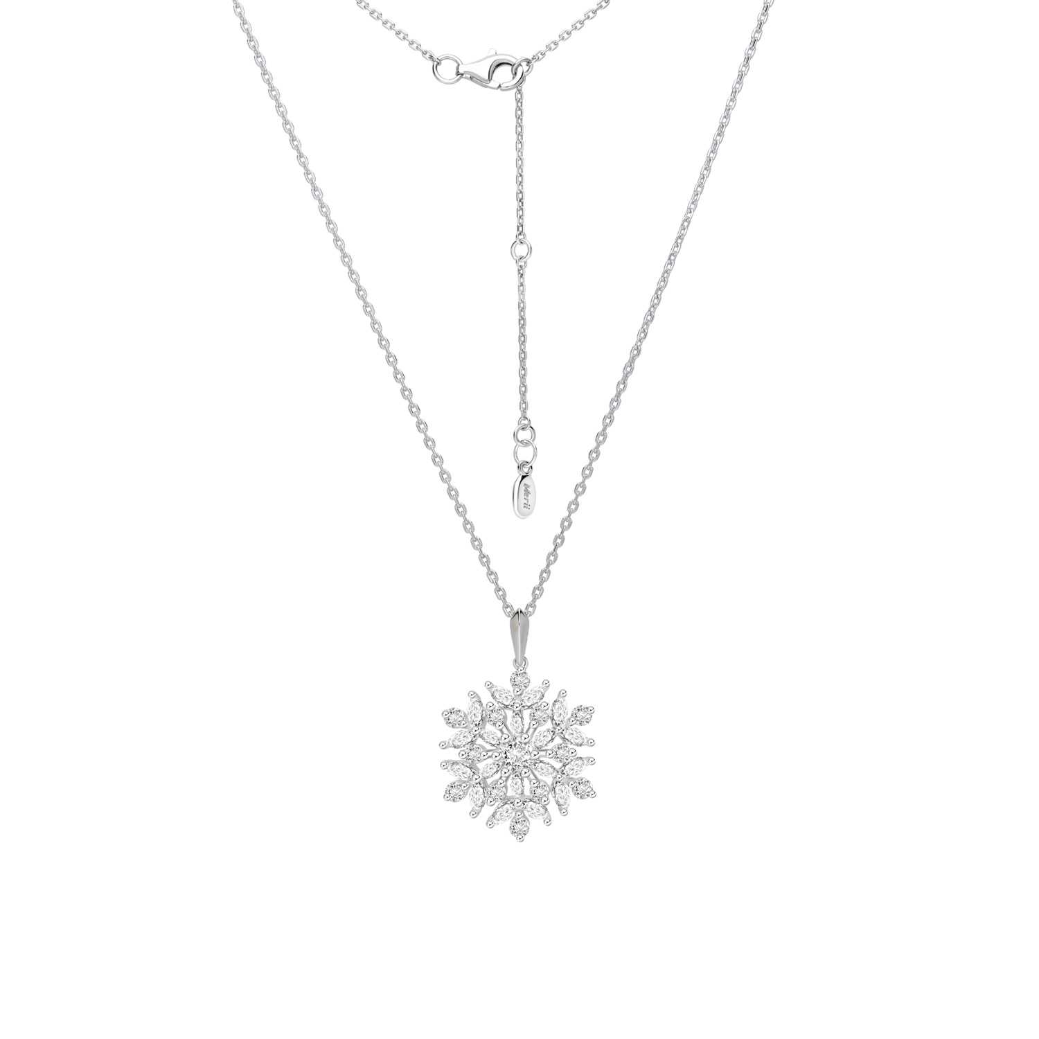 SNOWFLAKES: สร้อยคอพร้อมจี้เงินชุบโรเดียมประดับ CZ ทรงมาร์คีส์ ดีไซน์เกล็ดหิมะ ยาว 16 นิ้ว