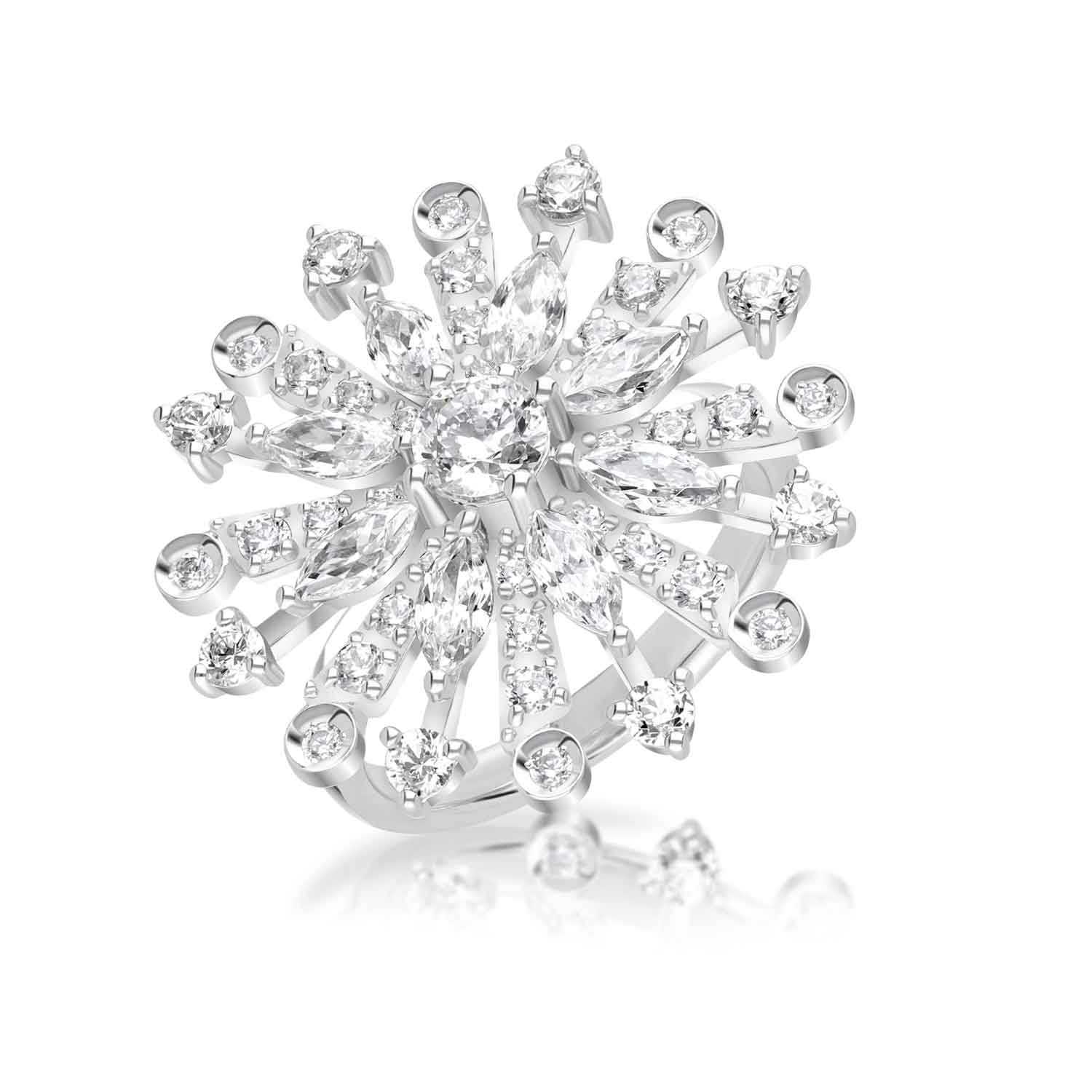 SNOWFLAKES: แหวนเงินชุบโรเดียมประดับ CZ ดีไซน์ดาวเกล็ดหิมะ สโนว์เฟล็ก