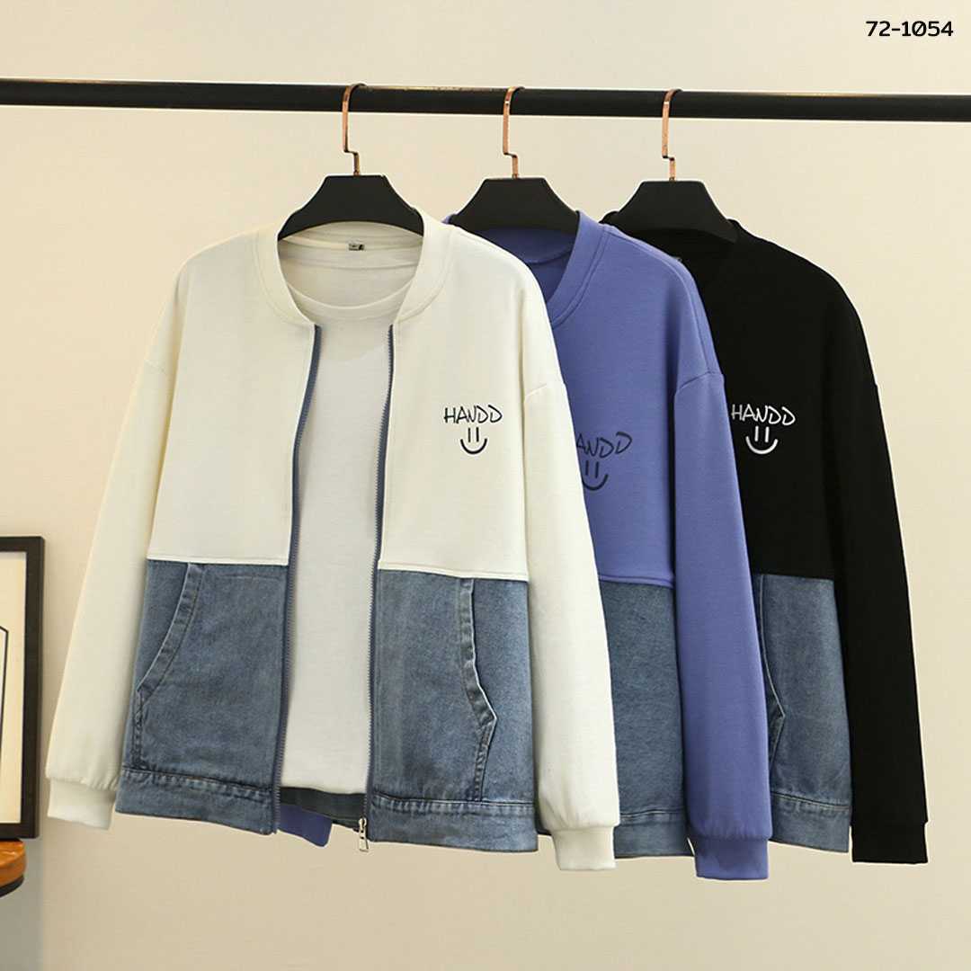 72-1054 เสื้อคลุมกันหนาว ผ้าโพลีตัดต่อผ้ายีนส์