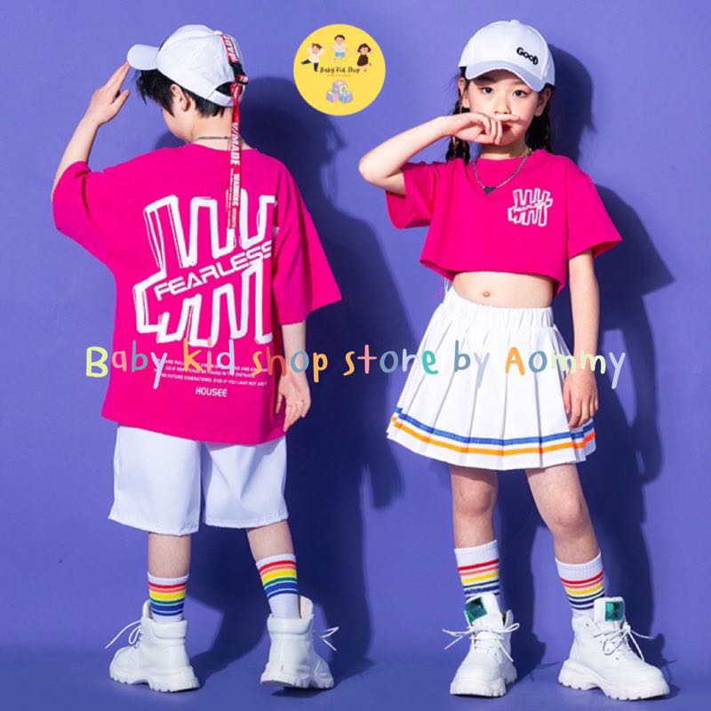 (พร้อมส่ง) ชุดเซตเสื้อครอป+กระโปรงสั้น/กางเกงขาสั้น สไตล์ฮิปฮอป สำหรับเด็กผู้หญิง/เด็กผู้ชาย 