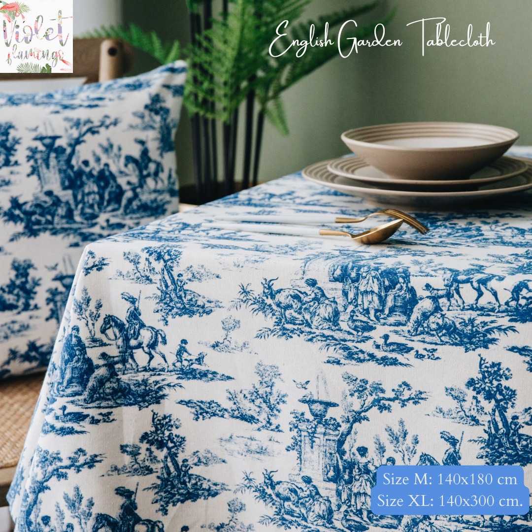 ผ้าปูโต๊ะรุ่น English Blue Garden ผ้าคอตตอนลินินสไตล์ยุโรป สีขาวลายสีนำเงิน