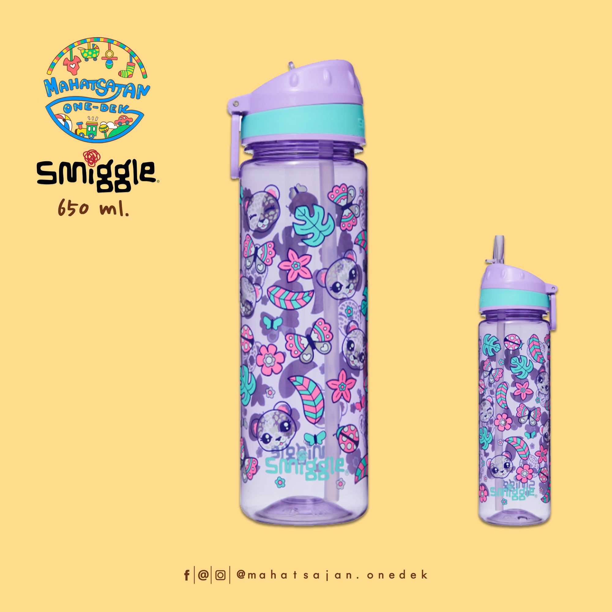 Smiggle Drink Up Plastic Drink Bottle 650 ml.  กระบอกน้ำพลาสติก หลอดดูด บรรจุ 650 มล.
